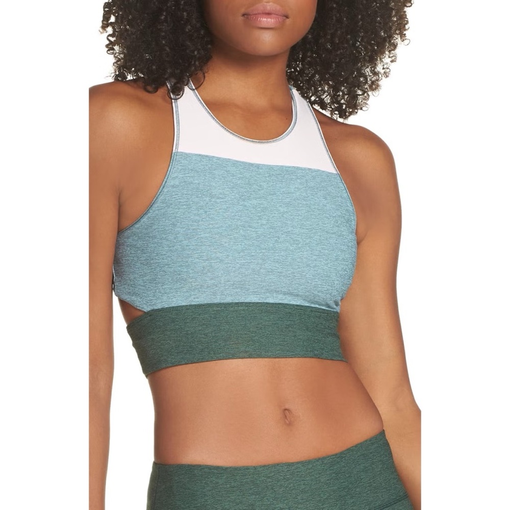 Outdoor Voices Tri-Tone Slash Back Crop Top Sports Bra Green Activewear Athletic
